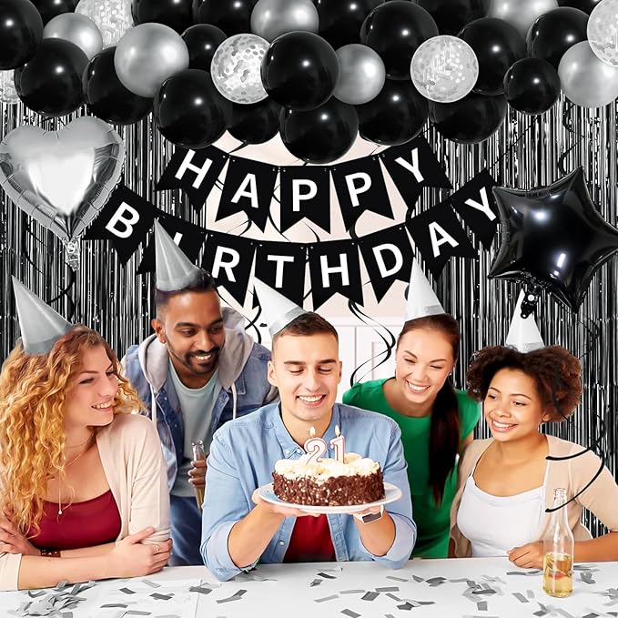 Black White Birthday Decorations, Bday Party Supplies for Women Men with Happy Birthday Banner, Confetti Balloons, Fringe Curtain, Heart Star Foil Balloons, Hanging Swirls