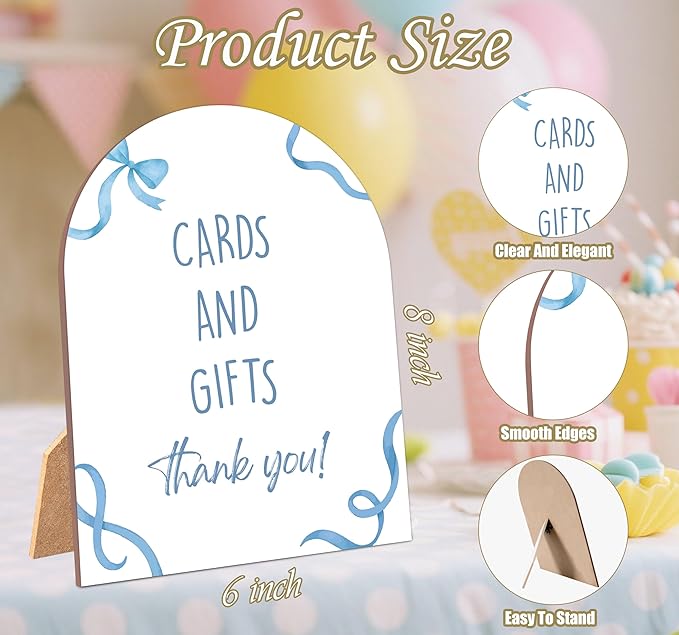 Blue Bow Cards and Gifts Sign for Baby Shower, 6x8 Inch Arch Wooden Sign with Stand, Blue Baby Shower Table Sign, Gender Neutral Party Decoration - QW09