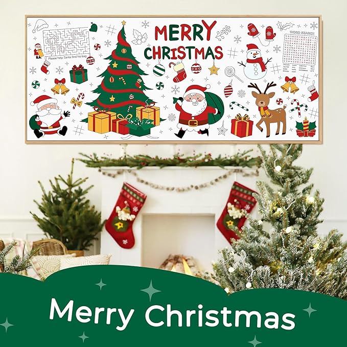 Childom 1 Pack Christmas Coloring Tablecloth for Kids,Christmas Crafts for Kids,30 x 72 Inch Disposable Paper Table Cover,Giant Coloring Poster for Children Gifts Games Activities Holiday Party Favors
