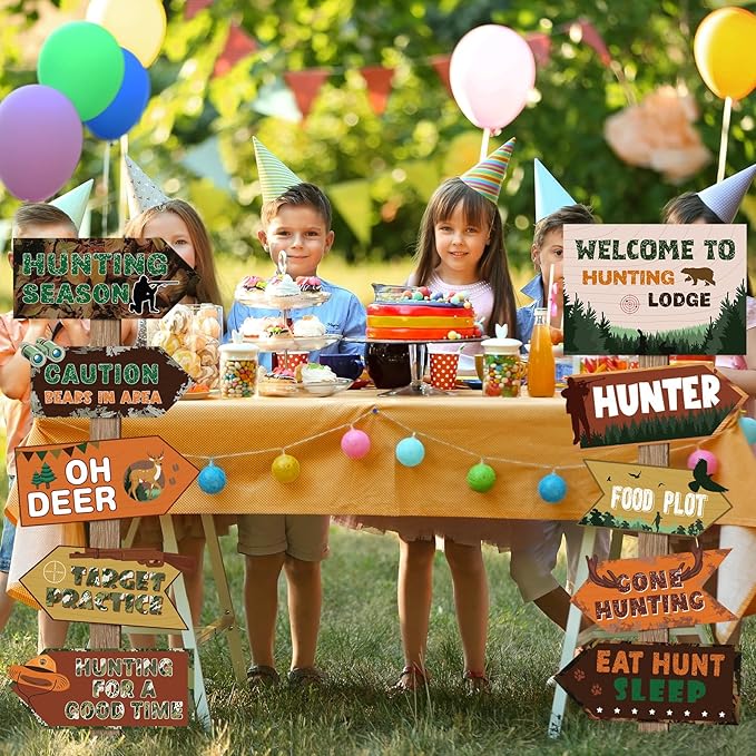 Hooqict 20 Pieces Hunting Party Decorations Hunting Themed Party Directional Signs for Camo Deer Birthday Party Decorations Welcome to Camouflage Party Supplies for Boys Men