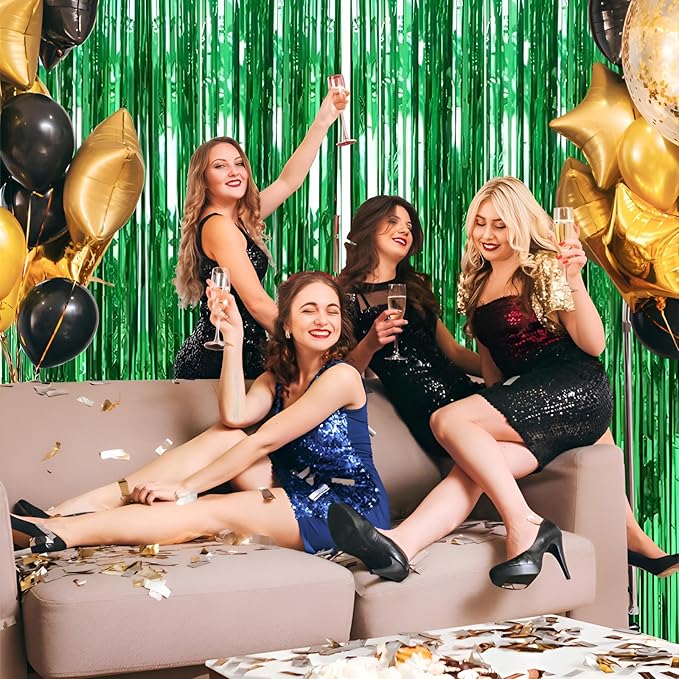 Valentines Day 2 Pack 3.3 * 8.3 ft Foil Curtain Metallic Tinsel Fringe Curtains Photo Booth Props Backdrop for Birthday Wedding Engagement Baby Shower Christmas Holiday Celebration Partyl,Green