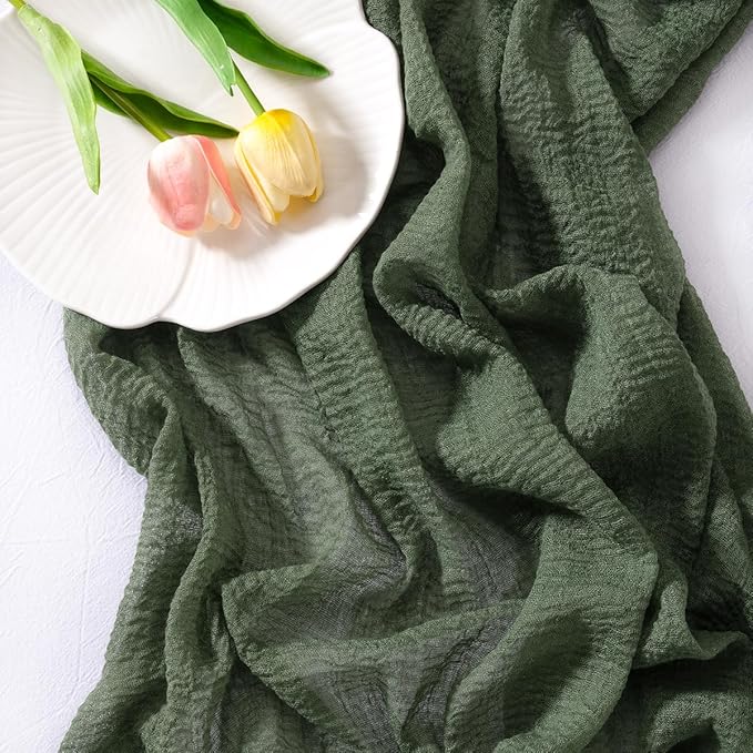 Socomi 3pcs Green Cheesecloth Table Runner Olive Easter Spring Gauze 120 Inch Rustic Boho Cheese Cloth Runner for Wedding Party Baby Bridal Shower Centerpiece Decoration Holiday Home Decorations