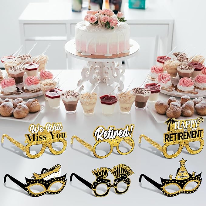 24Pcs Retirement Party Decorations Paper Glasses for Men Women, Black Gold Happy Retirement Paper Eyeglasses Party Supplies, Funny Farewell Retired Party Glasses Photo Props Decor