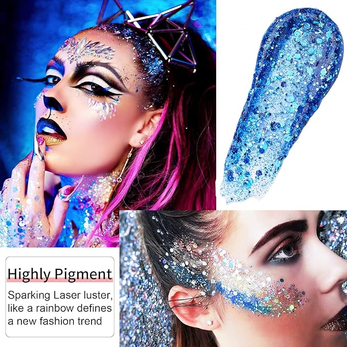 Go Ho Red and Blue Body Glitter Set,Singer Concerts Face Glitter Gel Makeup,Holographic Long Lasting Chunky Sequins Glitters for Eye Lip Hair Nails,Festival Rave Accessories,Blue&Red