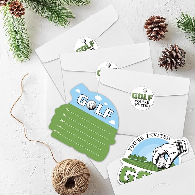 REWIDPARTY Golf Party Invitations with Envelopes & Stickers - Set of 15 Golf Game Shaped Fill-in Invitations for Birthday or Retirement Parties for Teens & Adults