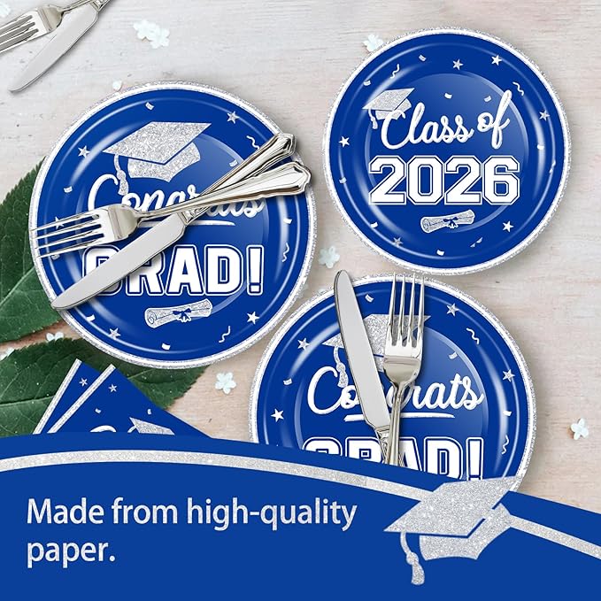 OuMuaMua 2026 Graduation Party Dinnerware Supplies - 200 Pcs Blue White Graduation Disposable Plates and Napkins for 2026 College High School Graduation Party Decorations, Serves 50