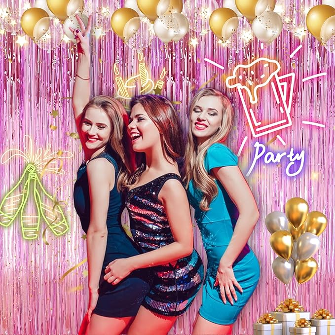 2 Pack 3.28 ft x 6.56 ft Pink Tinsel Curtain Party Backdrop Decorations, Metallic Foil Fringe Backdrop Door for Halloween, Christmas, Birthday Graduation Wedding Party Streamers Photo Backdrop.