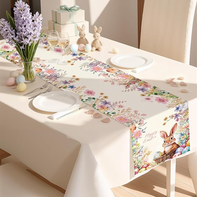 OHOME Easter Decorations - Egg Rabbit Table Runner | Easter Party Decorations Favors Supplies Indoor Outdoor - Spring Backdrop Banner Basket Stuffers for Kitchen Home Dining Table Decor