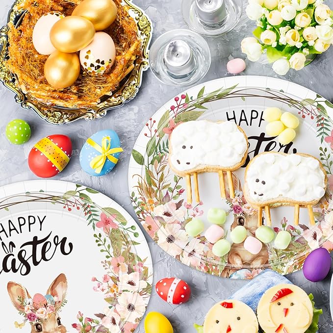 50Pcs Easter Plates, Large Disposable Oval Paper Plates, 10" X 12.5" Heavy Duty Party Food Plate, Happy Easter Plate Bunny Egg Flowers Tableware Dinnerware Set for Easter‘s Party Supplies
