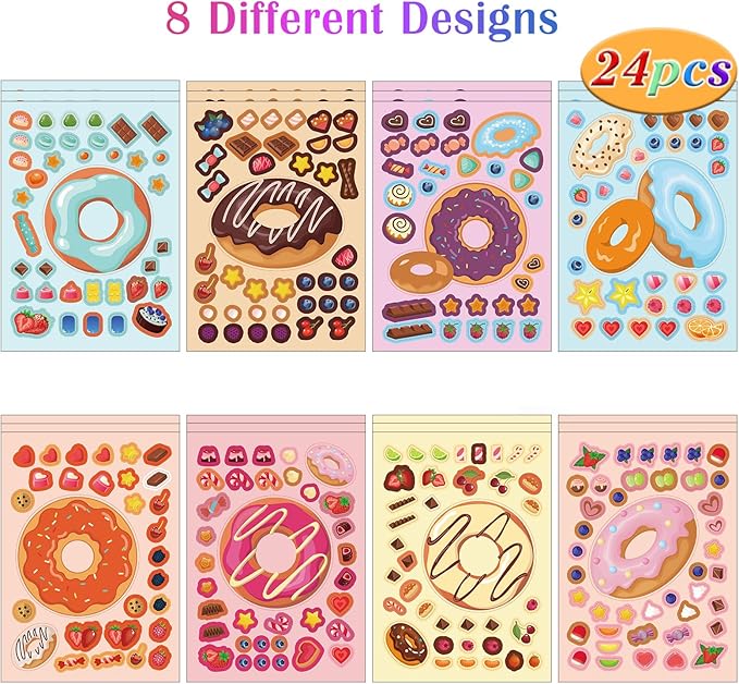 24 Sheets Donut Make a Face Sticker Sheets for Kids Todders Activities, Make Your Own Stickers for Kids Birthday Party Favor Supplies Craft