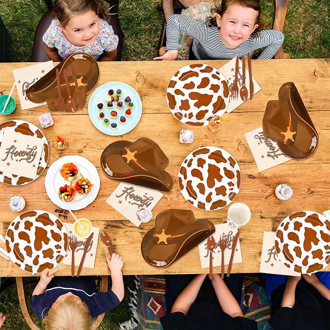 175 Pcs Cowboy Tableware Sets Serves 25 Guests Brown Rodeo Hat Cow Print Plates Napkins Cups Fork Knife Spoon Disposable Dinnerware for Western Birthday Cowgirl Party Supplies