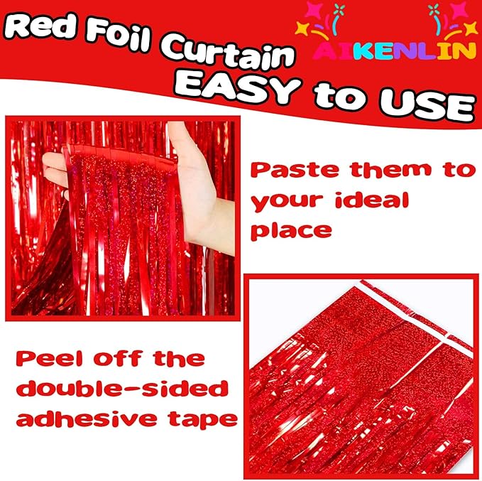4 Pack 3.2Ft x 8.2Ft Red Foil Fringe Curtain Backdrop, Metallic Tinsel Foil Fringe Streamers Curtains Background for Photo Booth, Birthday, Wedding, Disco, Bachelorette, Christmas Party Decoration