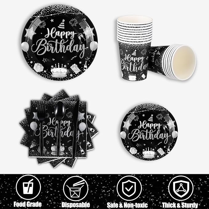 Vesici 171 Pcs Happy Birthday Party Supplies 24 Set Disposable Party Tableware include Plates Cups Napkins Cutlery and Banner Tablecloth Birthday Dinner Decorations for Men Woman(Black, Silver)