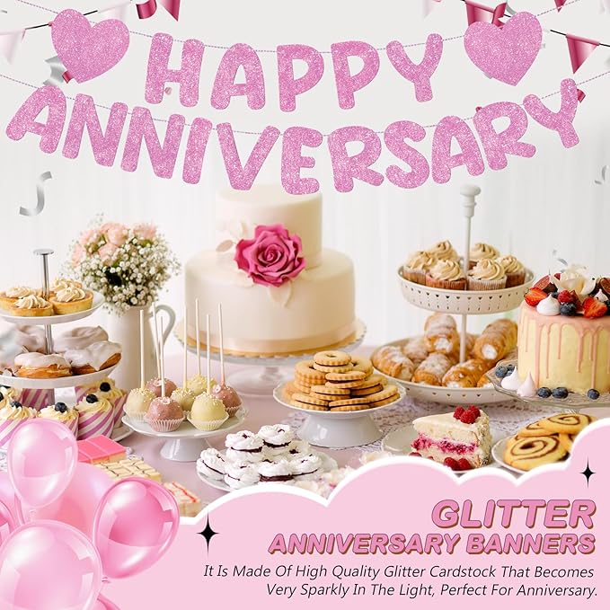 Fulmoon Happy Anniversary Banner Glitter Happy Anniversary Decorations Wedding Party Banner Romantic Decorations No DIY Pre-strung for Wedding Party Birthday Door(Pink)