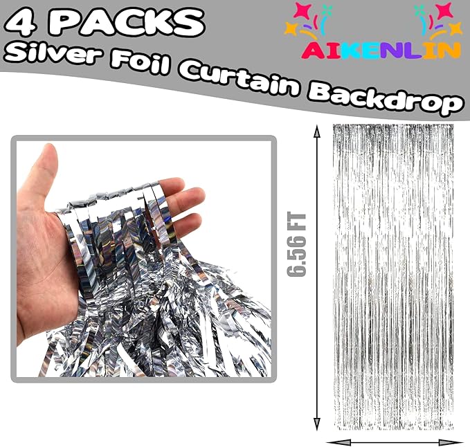 4 Pack 3.3Ft x 6.6Ft Silver Foil Fringe Curtain Backdrop, Metallic Tinsel Foil Fringe Streamers Curtains Background for Photo Booth, Birthday, Wedding, Halloween, Christmas Party Decoration