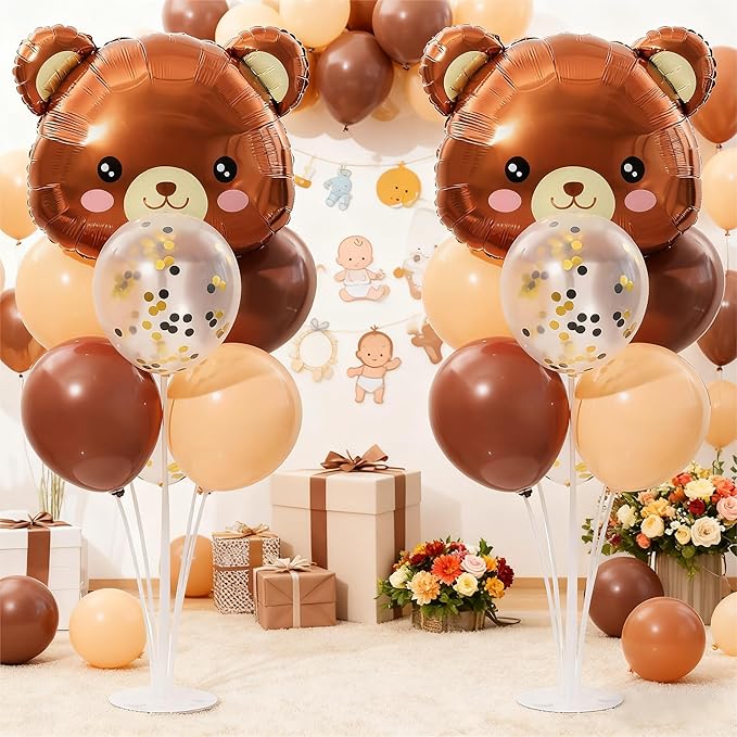 Teddy Bear Table Centerpiece Balloon Stand Kit Set of 2, Teddy Bear Head Foil Balloons with Brown Beige Balloons for Birthday Party Baby Shower Decorations