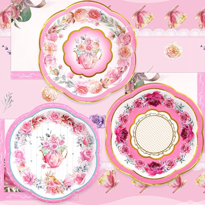 WorldBazaar Tea Party Disposable Tableware Set Pink Tea Party Supplies 12 Sets Floral Paper Tea Cups and Saucers Plates Napkins Tablecloth Pink Birthday Table Decorations Women Girls Adults