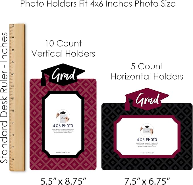 Big Dot of Happiness Maroon Grad Graduation Photo Display Centerpiece Kit - 15 Double-Sided Photo Table Topper Sticks, Vertical and Horizontal 4x6 Picture Holders, DIY Party Decoration Set