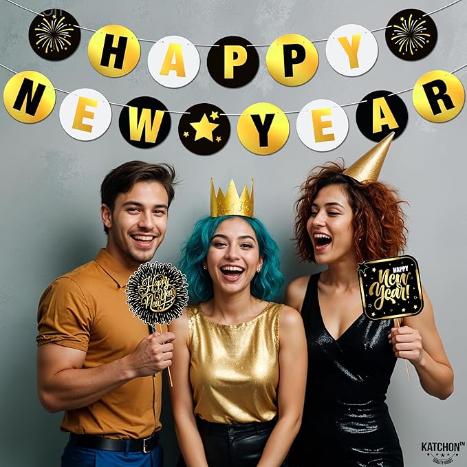 KatchOn, Shiny Happy New Year Banner 2026 - 10 Feet, Pre - Strung | Happy New Year Backdrop, Happy New Years Decorations 2026 | New Years Eve Banner, New Years Eve Party Supplies 2026 | NYE Decorations 2026