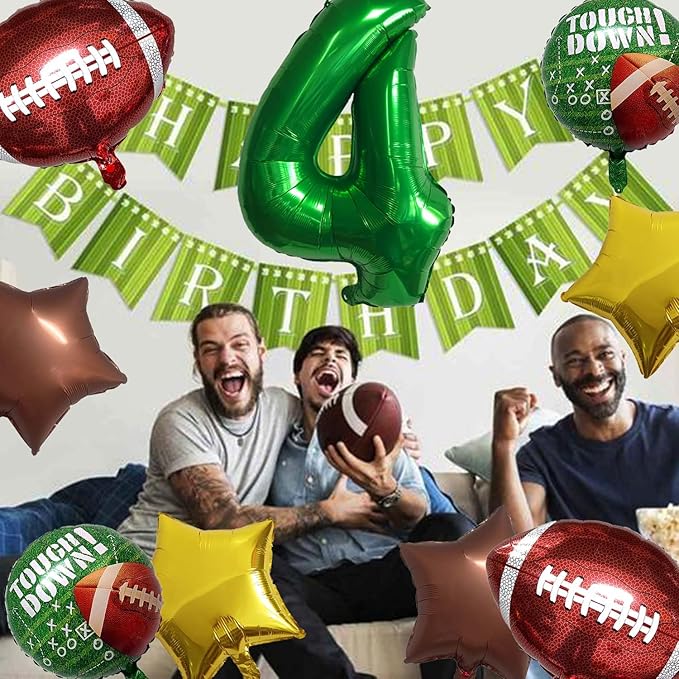 Football Balloons Foil Football Birthday Decorations Balloons Green Number 4 Balloon Gold Brown Star Touchdown Ballons for Rugby Birthday Decorations Sports Ballons Arch Kits Party Balloon Sets 9pcs