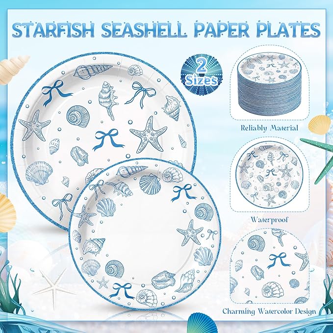 Honeydak 210 Pcs Seashell Beach Party Supplies, Serve 30 Coastal Theme Disposable Paper Plates Blue Ocean Starfish Party Decorations Napkins Forks Cups for Bachelorette Summer Birthday Baby Shower