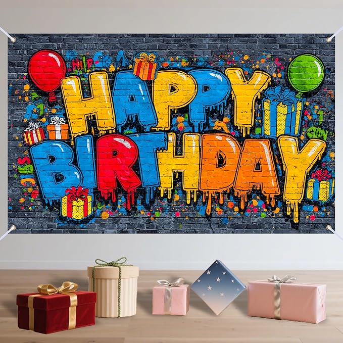 Nuxovilar Happy Birthday Yard Banner - 71x43 inches, Graffiti-Inspired Design Decorations Large Happy Birthday Banner Supplies Colorful Fence Outdoor & Indoor Giant Sign Backdrop