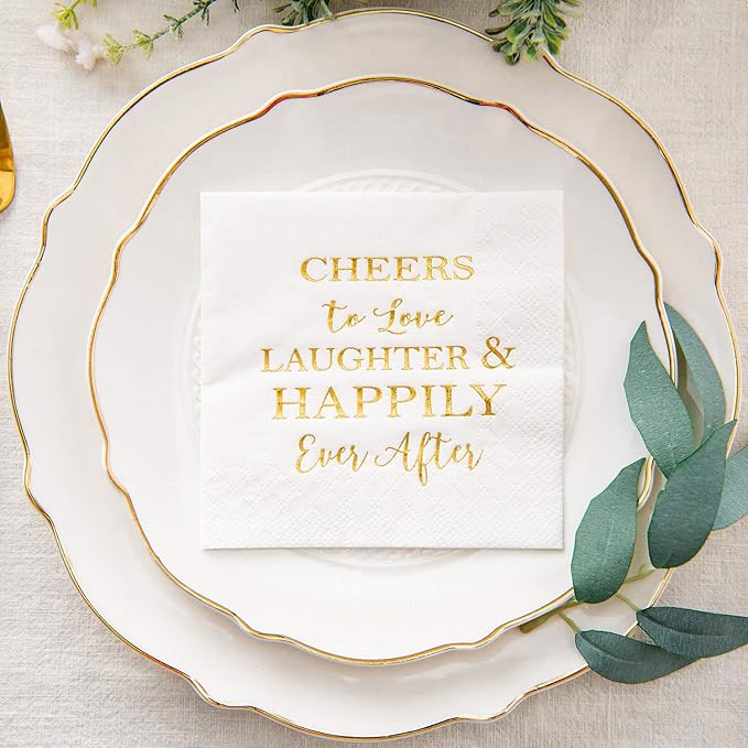 Crisky 3-Ply 50 Count Bridal Shower Napkins Disposable Cocktail Napkins Gold Foil Text Beverage Napkins for Engagement Party Decorations & Wedding Shower