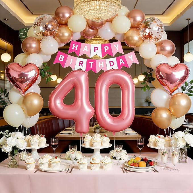 40th Birthday Decorations for Women, Rose Gold and Pink Party Supplies Set with Happy 40th Banner, Number 40 Balloon and Foil Fringe Curtains, 40 Year Old Kit