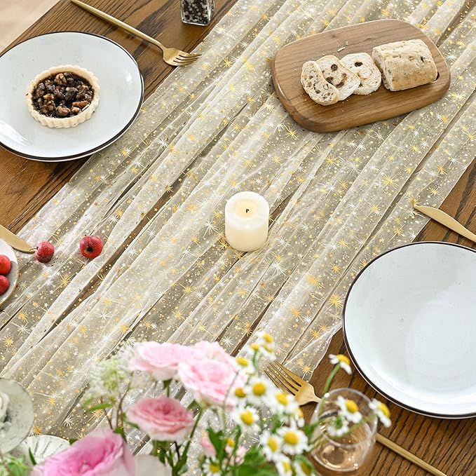Horaldaily Beige Gold Sparkling Star Gauze Tablecloth 60x84 Inch Rectangular, Golden Star Sequin Glitter Metallic Foil, Sheer Tulle Cheesecloth for Wedding Baby Shower Party