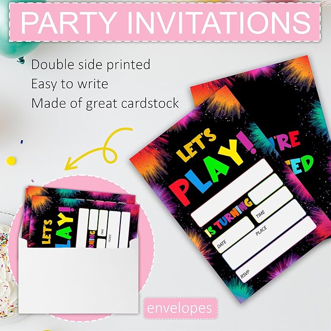 Let's Play Birthday Invitations, Colorful Splatter Design Party Invites for Boys Girls Teen Celebration, 20 Count Double Sided Cards with Envelopes, 4 x 6 Inch