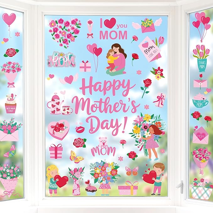 90 PCS Mothers Day Decorations, 9 Sheets Mothers Day Window Clings, Double-Sided Flower Window Clings with Carnations Hearts Boxes Designs, Mom Decorations for Glass Home Office School Party