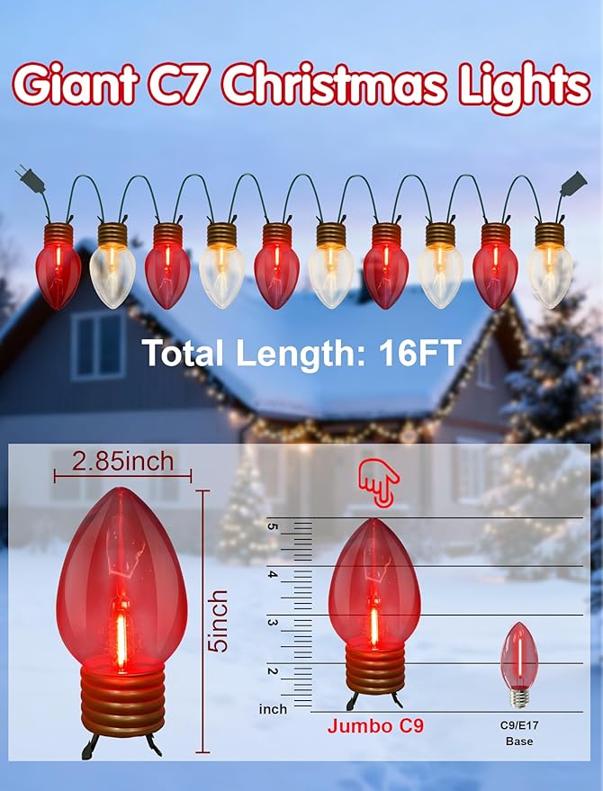 16FT Outdoor Christmas Decorations,Jumbo Red and White Giant Christmas Lights Outdoor with 10 LED Clear Red and White Bulbs for Tree Holiday Home Roof Yard Garden Decorations