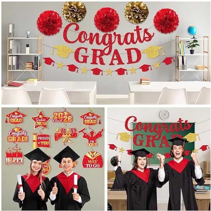 Red Graduation Decorations, Glitter Congrats Grad Banner Hanging Swirls and Tissue Pom Poms, Red and Gold Graduation Decorations for Class of 2026 College Graduations Party Decorations
