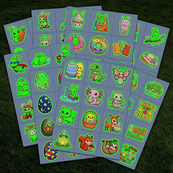 JCFIRE 95 PCS Luminous Easter Basket Stuffers, Glow in Dark Temporary Tattoos for Kids, Easter Egg Fillers, Stickers for Toddler Teens Boys Girls, Spring Party Favors Decorations