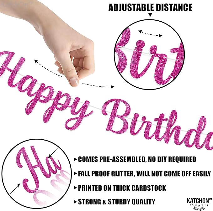 KatchOn, Glitter Pink Cursive Happy Birthday Banner - Pre-Strung, 10 Feet | Birthday Decorations for Women, Girls | Hbd Banner Backdrop For Pink Birthday Decorations, Happy Birthday Sign