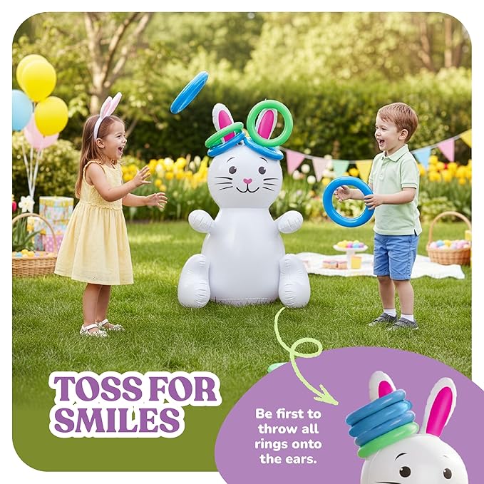 30" Easter Bunny Inflatable Ring Toss Game - Easter Games for Kids with 6 Rings - Weighted Bottom to Keep Inflatable Rabbit Upright - Family Outdoor Easter Party Games for Kids and Adults