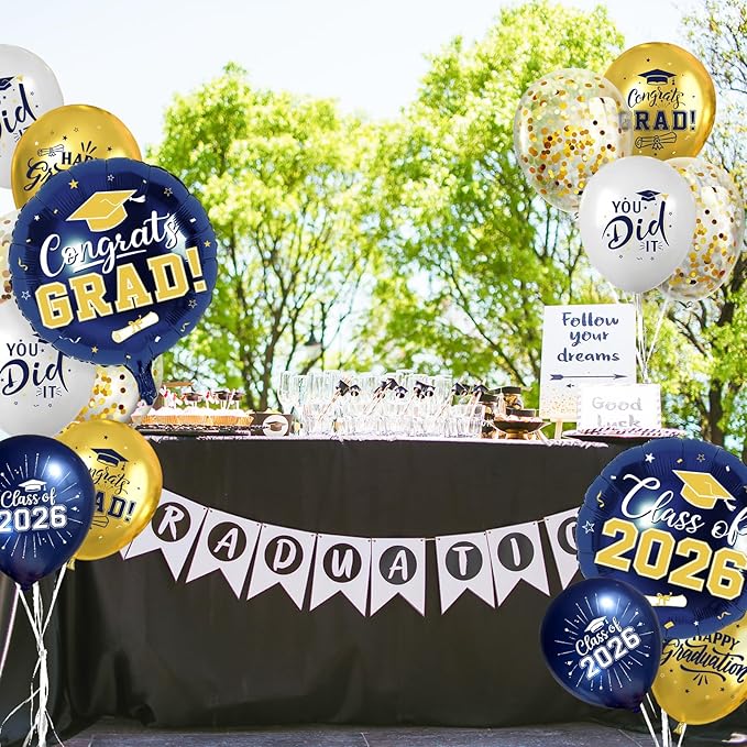 Navy Blue and Gold Graduation Balloons Graduation Decorations 2026, 51Pcs Grad Latex Balloons and Grad Foil Balloon with Confetti Ribbons Grad Party Decorations for College High School