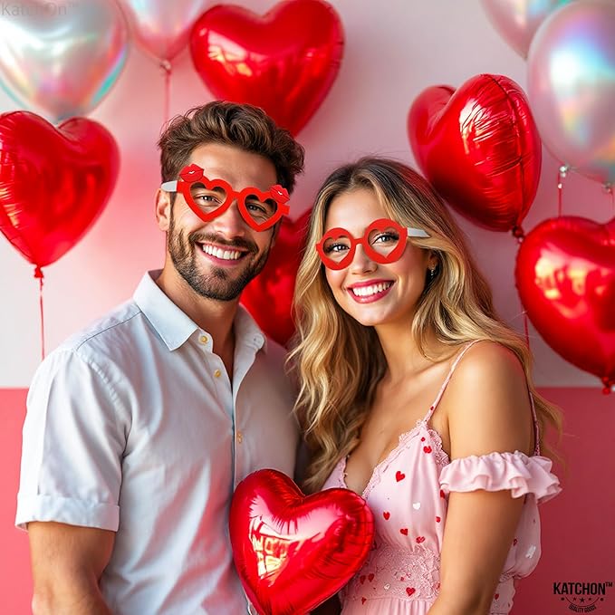 KatchOn, Red Heart Glasses - Pack of 12 | Valentines Glasses for Valentines Day Decorations | Valentines Photo Props for Valentines Decor | 6 Designs Heart Shaped Glasses | Galentines Day Decorations