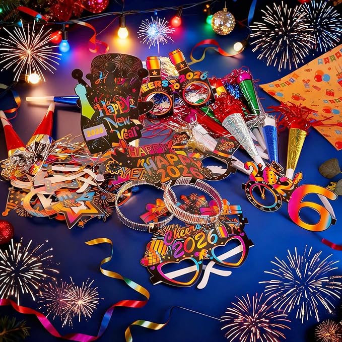 Konsait 40 PCS New Years Eve Party Supplies, Colorful Happy New Years Glasses, New Year Headband, 2026 New Year Noise Makers for Happy New Years Decorations 2026 Kit New Years Eve Party Favors