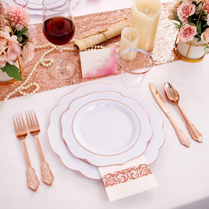 NOCCUR 175PCS Rose Gold Plastic Plates with Disposable Silverware - Include 25Dinner Plates, 25Dessert Plates, 25Forks, 25Knives, 25Spoons, 25Cups, 25Napkins for Party/Easter Day