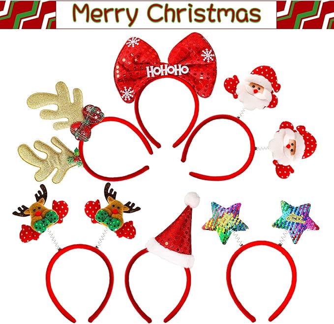 MGparty 12 Pieces Christmas Headbands Christmas Parties Favors Decoration Supplies Xmas Gifts Photo Booth Xmas Tree Snowman Reindeer Antlers Santa Hat