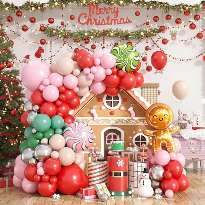 Christmas Balloon Arch Kit, Macaron Pink Red Green Ivory Metallic Silver Candy-Themed Balloons with Gingerbread Style Foil Balloons for Christmas Birthday Party Decorations Baby Shower Backdrop
