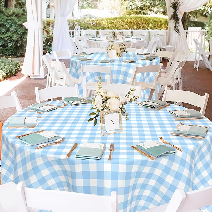 Mulbozy 2 Pcs Light Blue Gingham Round Tablecloth, 84 inches Disposable Plastic Light Blue and White Checkered Circle Table Covers for Baby Shower Wedding Bridal Shower Birthday Party Decorations