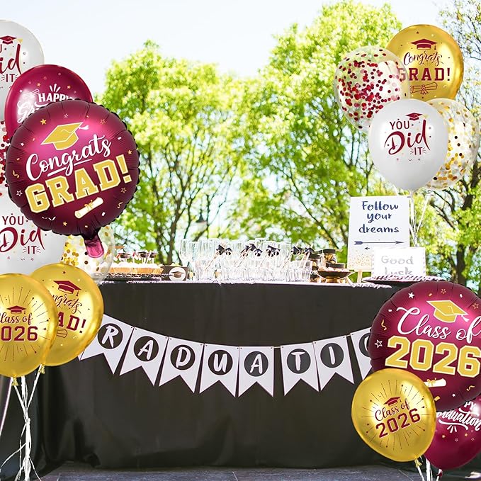 Maroon and Gold Graduation Balloons Graduation Decorations 2026, 51Pcs Grad Latex Balloons and Grad Foil Balloon with Confetti Ribbons Grad Party Decorations for College High School