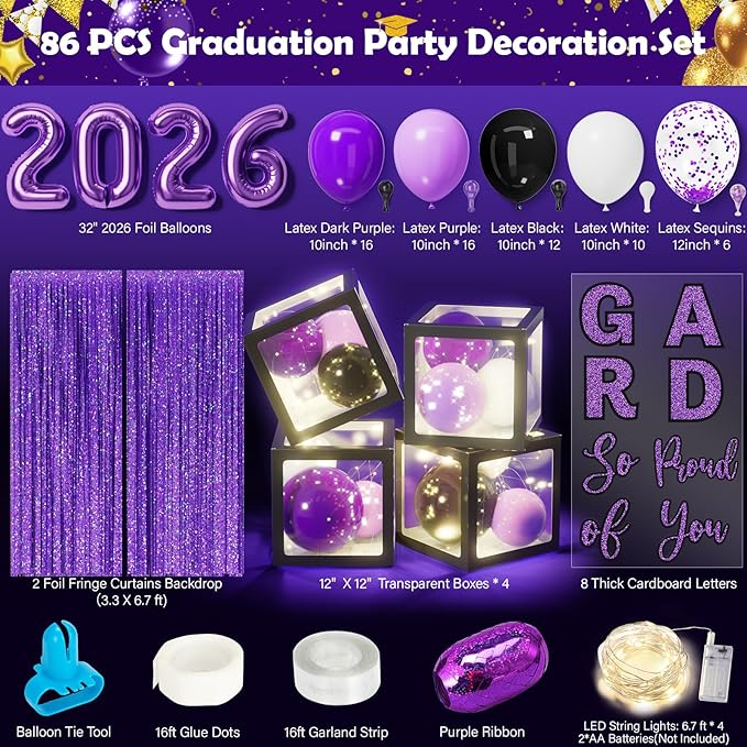 Graduation Party Decoration Class of 2026 86PCS Purple & Black Graduation Party Supplies High School College Grad Balloon Boxes with Letter, LED String Light, Foil Curtain, Balloon Garland Kit
