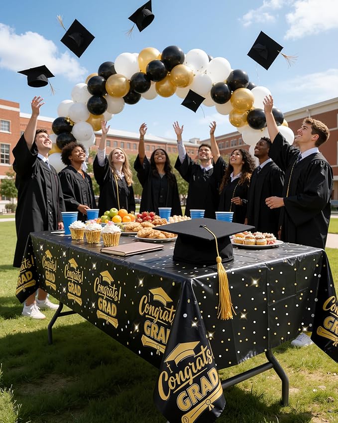 Graduation Black Plastic Table Cloth - 4 Pack 54" × 108" Rectangle Disposable Tablecloths for 6FT Tables, Table Cover for Party, Holiday & Gathering Use