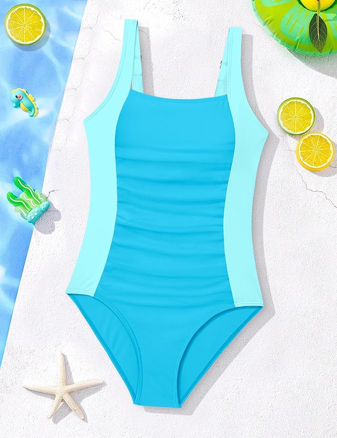 Girl Swimsuit One Piece Bathing Suit for Girls Solid Color Ruched Adjustable Straps Padded Swimwear 9-16y