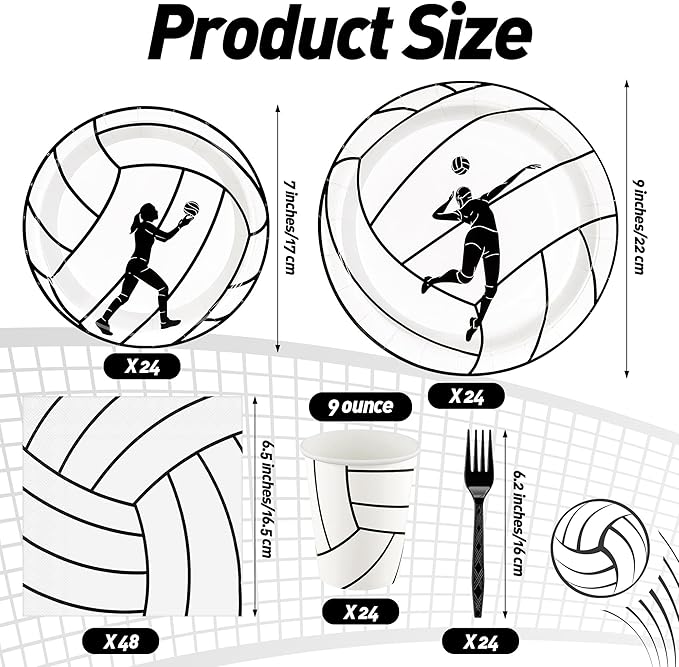 Kochorie 144 Pieces Volleyball Party Supplies, Sports Tableware Sets Including Disposable Paper Plates Napkins Cups Forks Serves 24 for Birthday Sports Volleyball Party Decorations