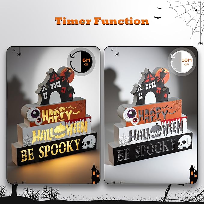Halloween Decorations Indoor 9.4" 4-Tier Wooden Block Set with Glowing 3D Letters, Witch's House Topper, Battery Operated Spooky Halloween Décor Built-in Timer for Home, Mantel, Shelf, Table Decor