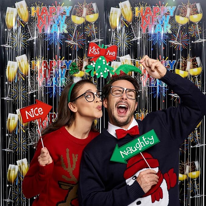 GOER Foil Curtain Backdrop for New Year Eve Party Decorations| Metallic Tinsel New Year Theme Photo Booth Props (1 Pack)